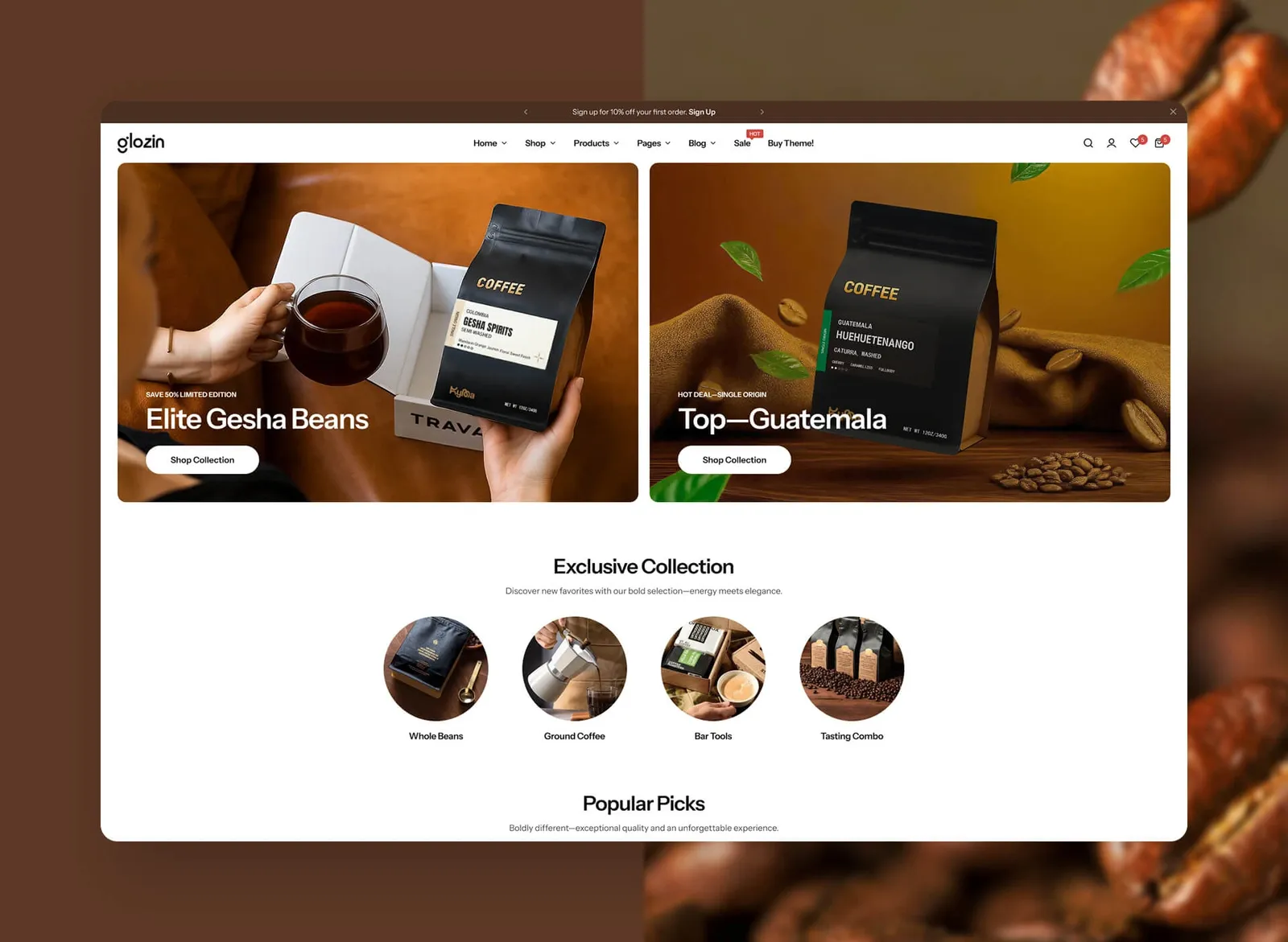 Layout de loja virtual de café