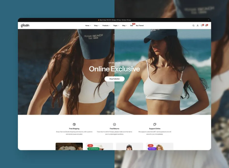 Layout de loja virtual com vitrine de produtos e página de compra