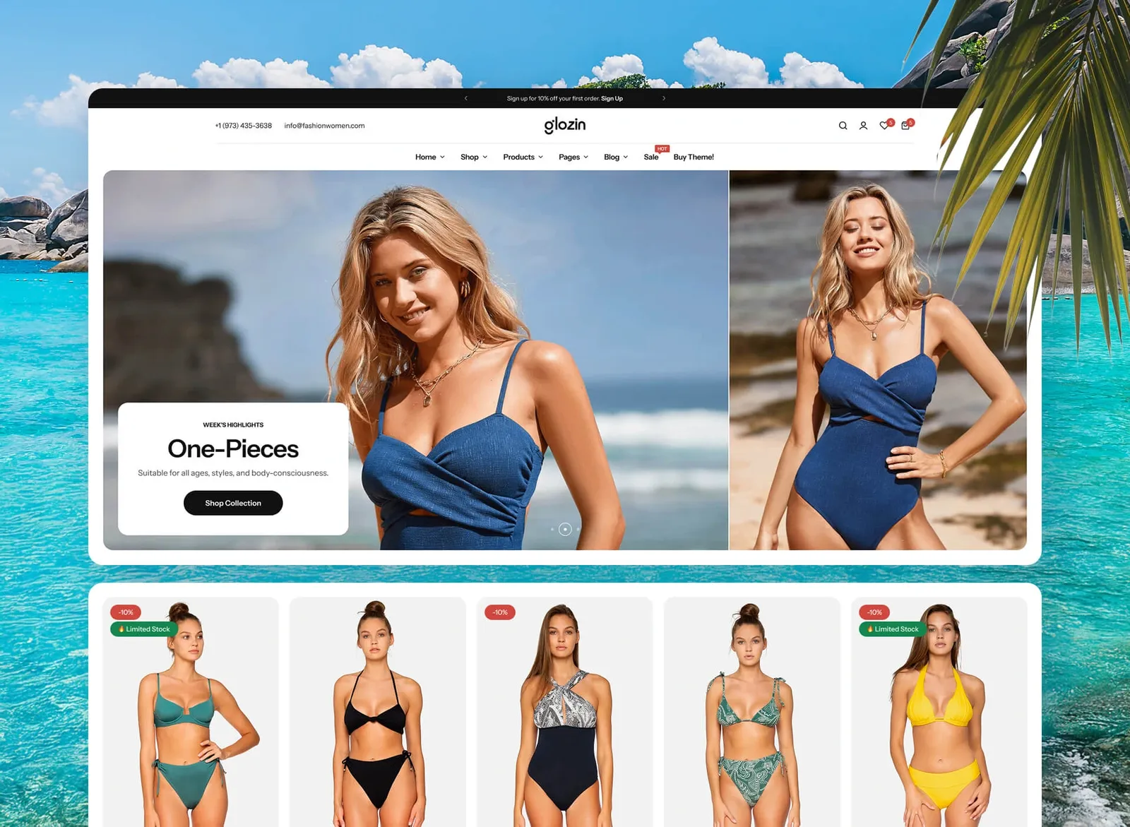Layout de loja virtual de moda praia
