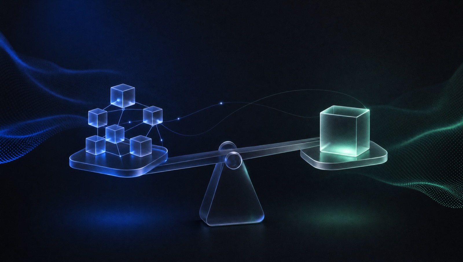 Ilustração 3D minimalista de uma balança de vidro fosco escuro: de um lado vários cubos interconectados representando uma agência, do outro um cubo único representando um freelancer, com brilhos em azul elétrico e verde-menta sobre fundo grafite