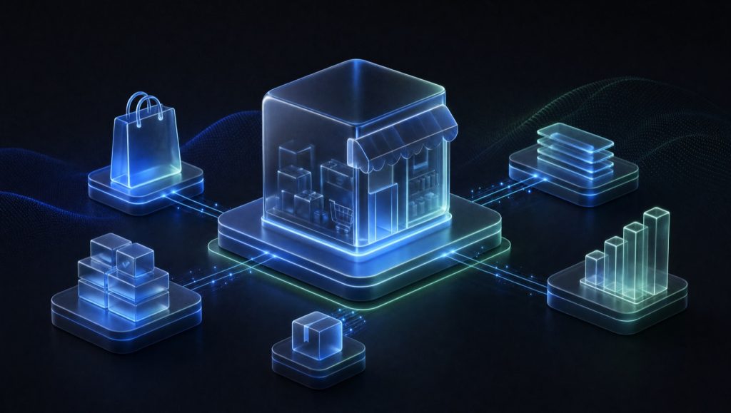 Ilustração 3D abstrata: vitrine de vidro fosco escuro sobre pedestal iluminado, conectada por linhas de luz azul-elétrico e verde-menta a módulos de comércio (sacola, blocos de pedidos e gráfico de barras), representando Shopify Plus para alto volume e integrações críticas