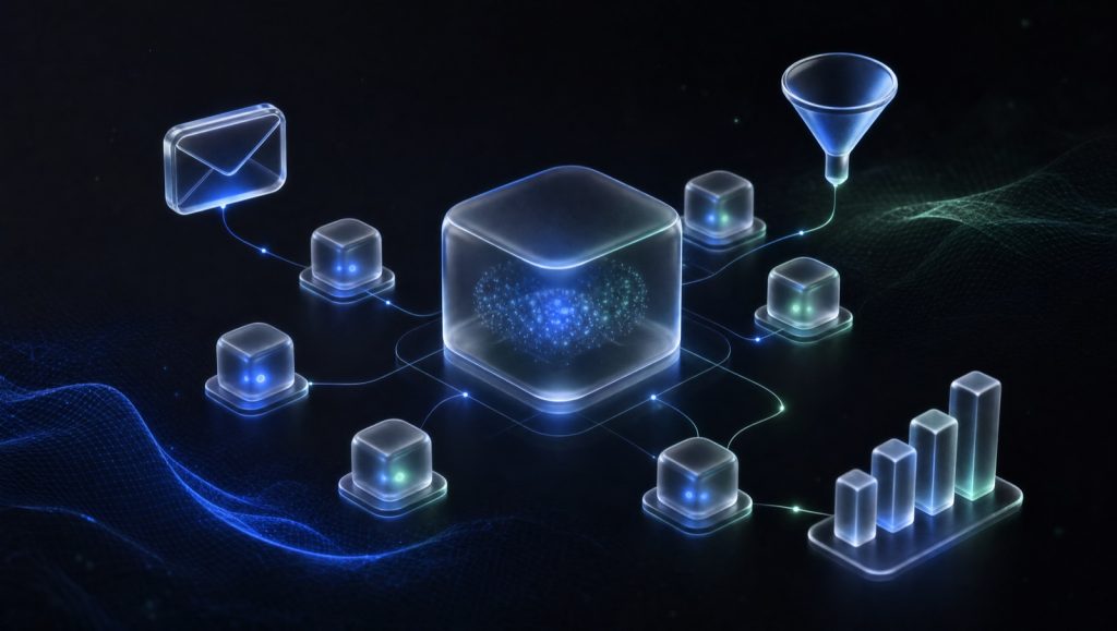 Ilustração 3D abstrata: núcleo orquestrador de vidro fosco conectado por linhas luminosas azuis e verdes a módulos menores representando agentes de IA executando tarefas de marketing e vendas, sobre fundo grafite escuro