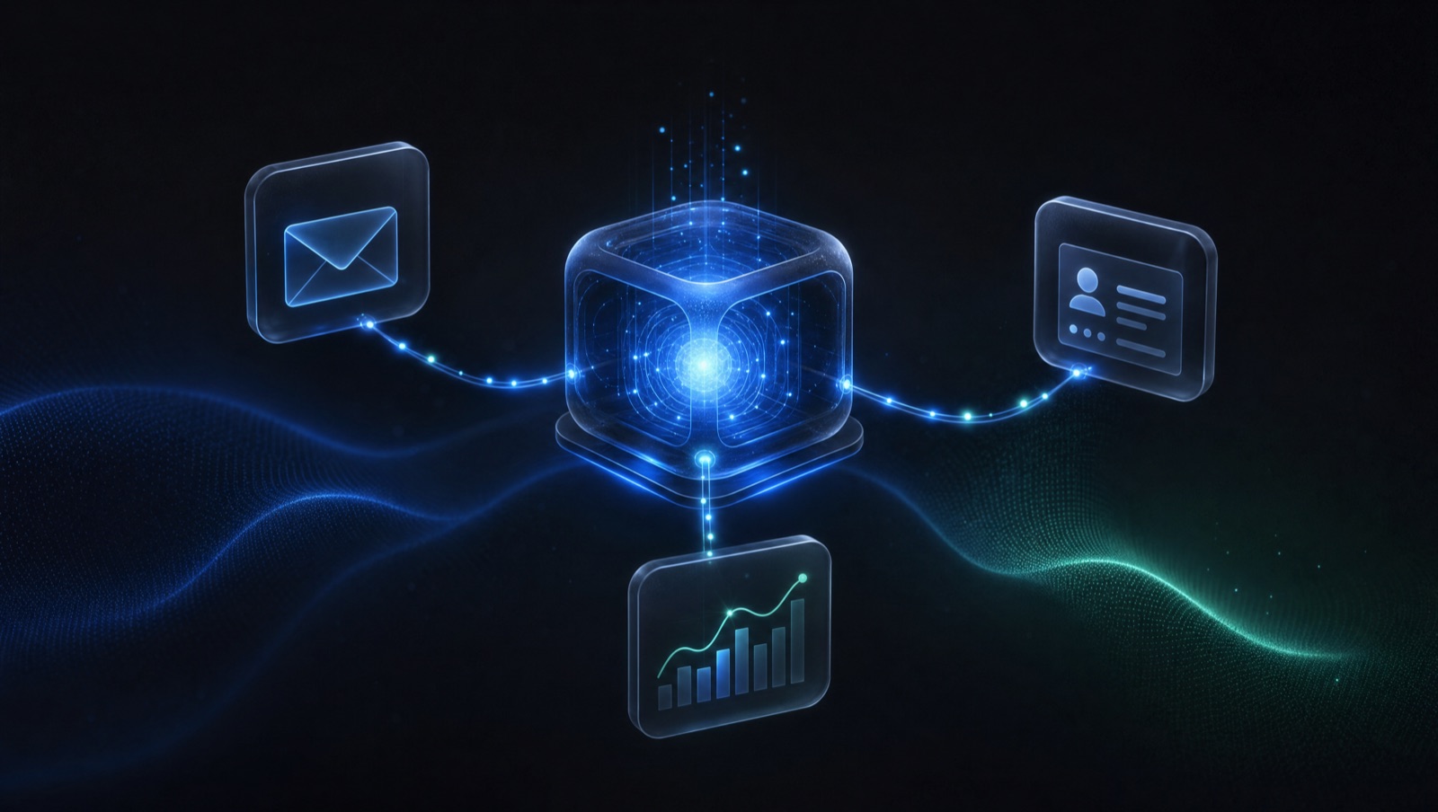 Ilustração 3D abstrata de um núcleo orquestrador de IA em vidro escuro com brilho azul, conectado por linhas luminosas a módulos de e-mail, CRM e anúncios, sobre fundo grafite com brilhos em azul elétrico e verde-menta