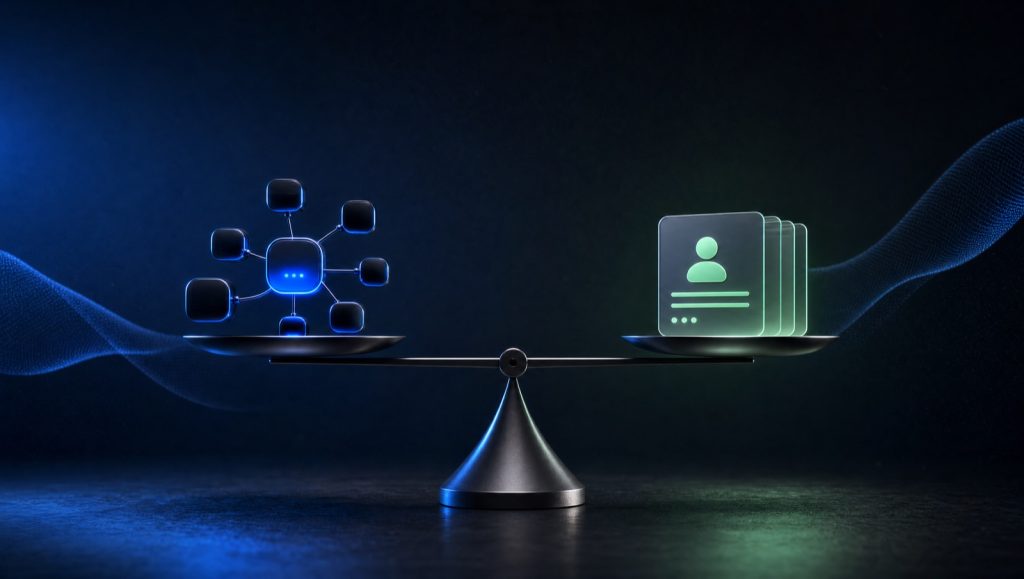 Ilustração 3D de balança equilibrando automação de marketing e CRM