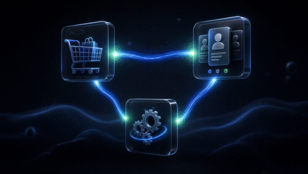 Ilustração 3D de três módulos integrados: carrinho de compras, CRM e automação