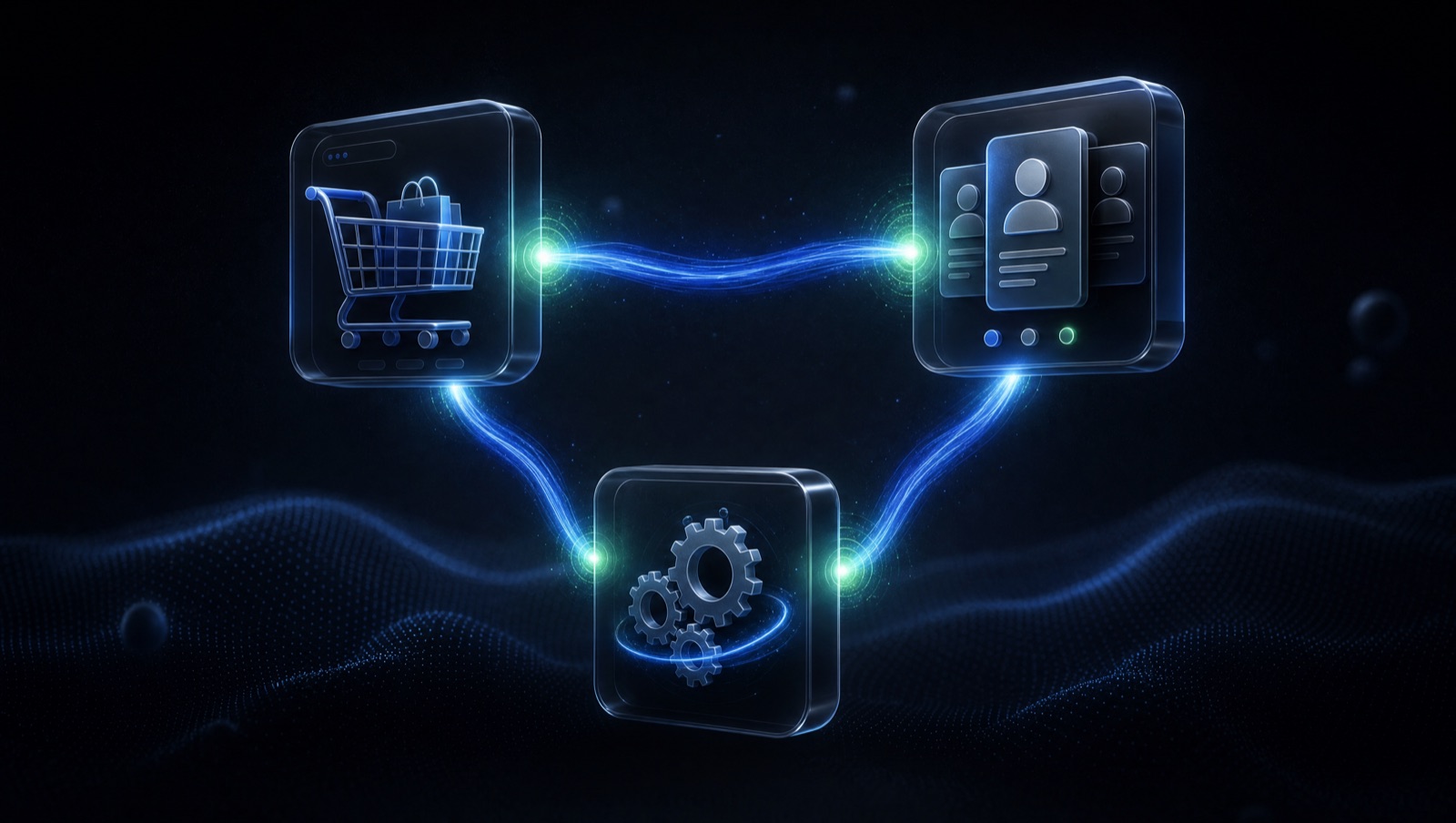 Ilustração 3D de três módulos integrados: carrinho de compras, CRM e automação
