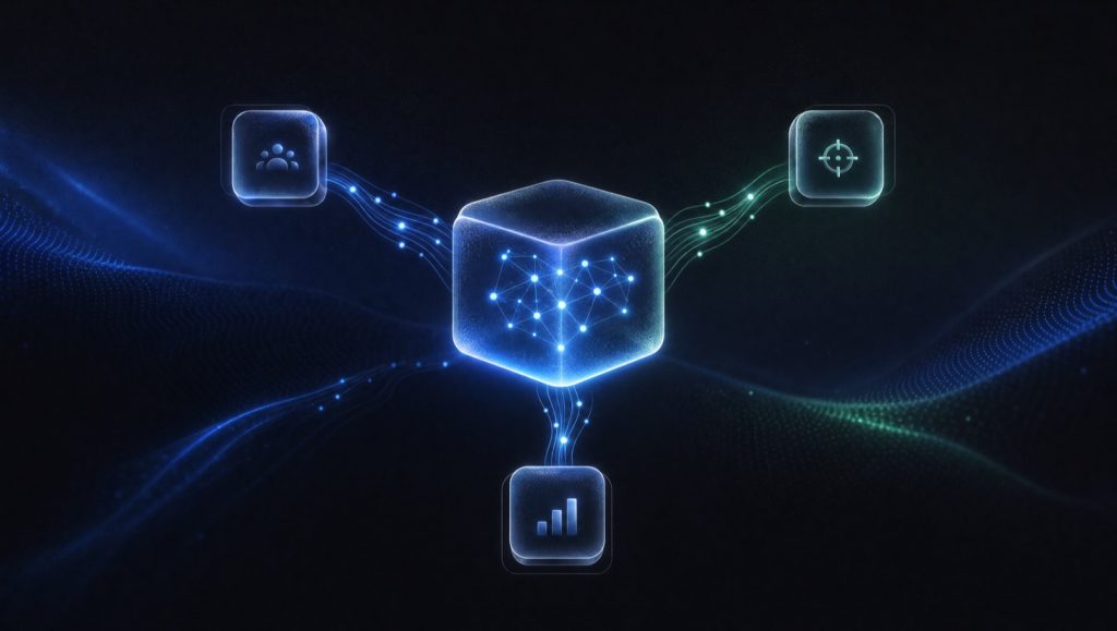 Ilustração 3D abstrata de um núcleo de vidro escuro representando IA, com linhas luminosas em azul elétrico e verde-menta conectando módulos flutuantes sobre fundo grafite