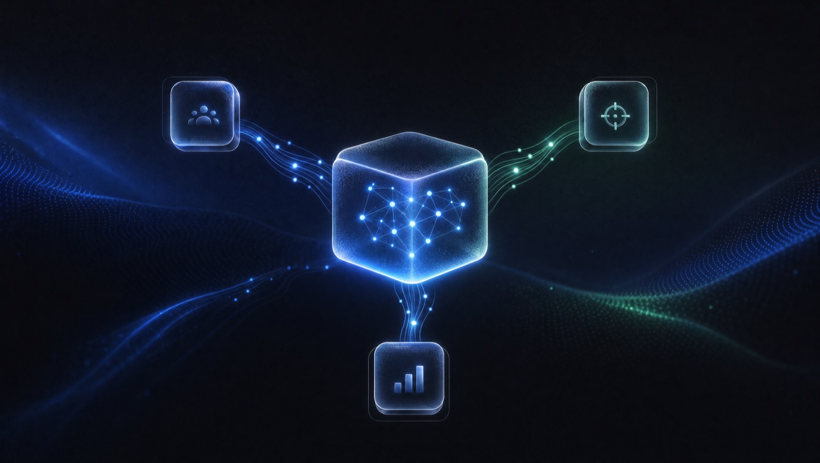 Ilustração 3D abstrata de um núcleo de vidro escuro representando IA, com linhas luminosas em azul elétrico e verde-menta conectando módulos flutuantes sobre fundo grafite