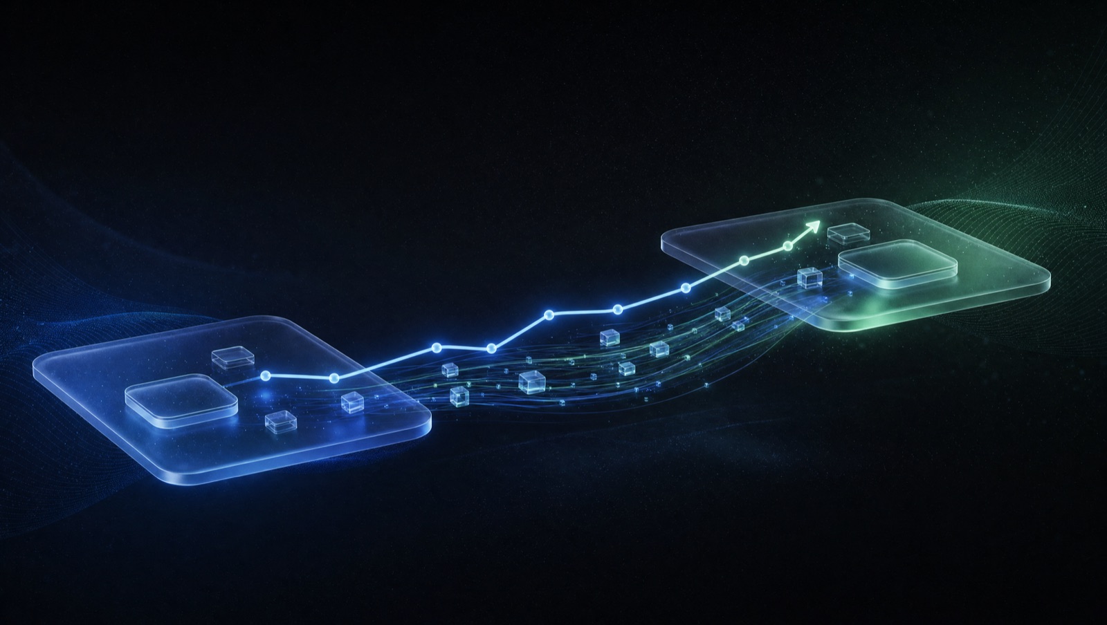 Ilustração 3D abstrata de duas plataformas de vidro fosco escuro ligadas por uma ponte de dados luminosa em azul e verde-menta, representando migração de loja para Shopify preservando o SEO