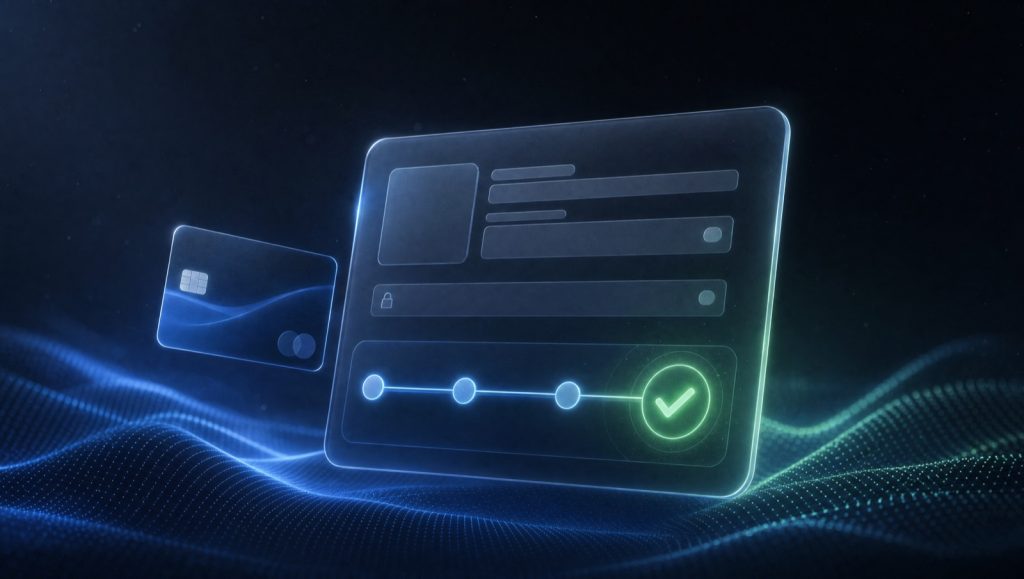 Ilustração 3D de interface de checkout com cartão de crédito e etapas concluídas em verde